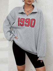1990 Print Pullover Sweatshirt Long Sleeve Polo Collar for Fall & Winter