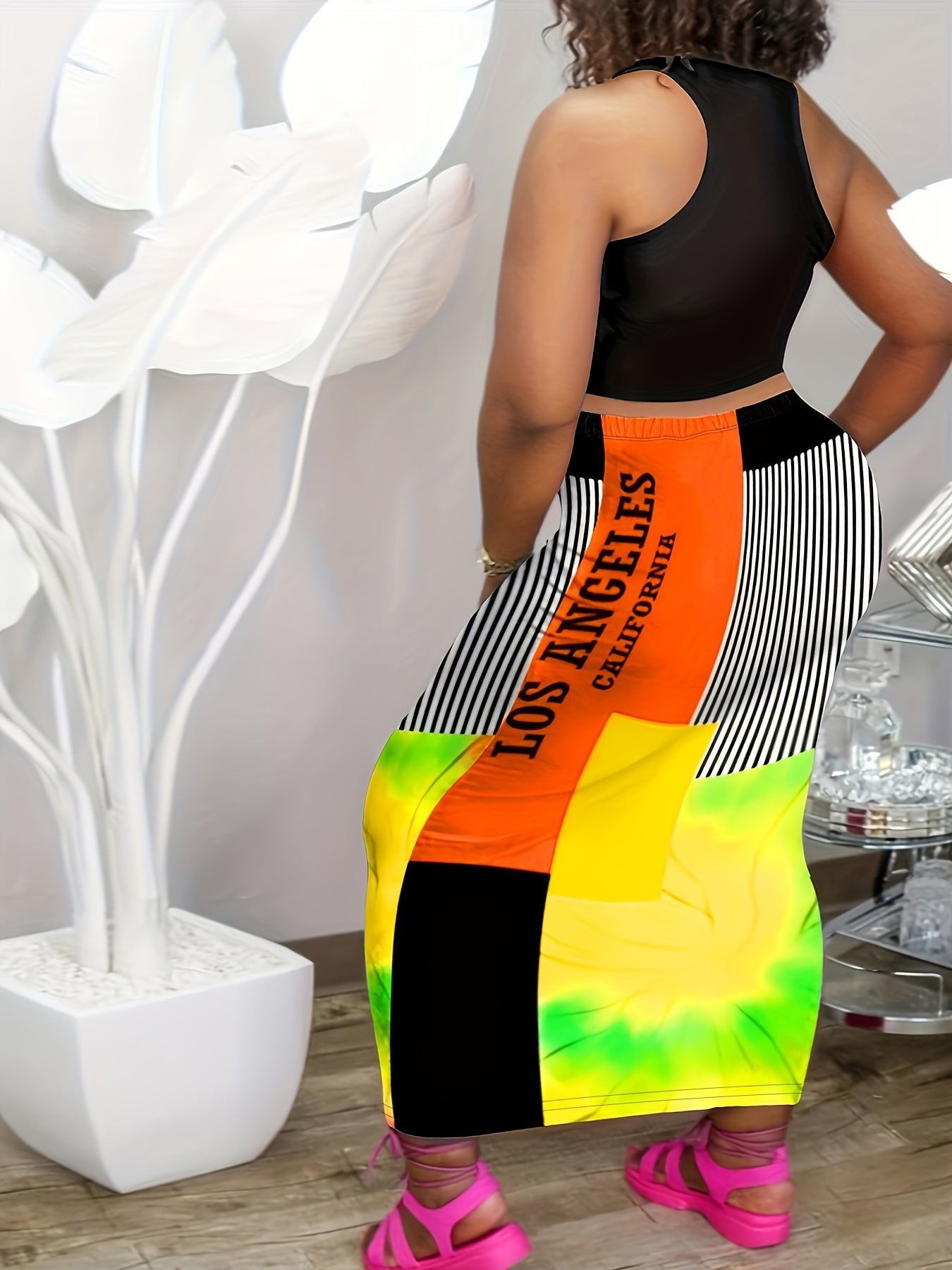 2 Piece Set Women's Crop Tank Top & Colorblock Maxi Skirt Outfits