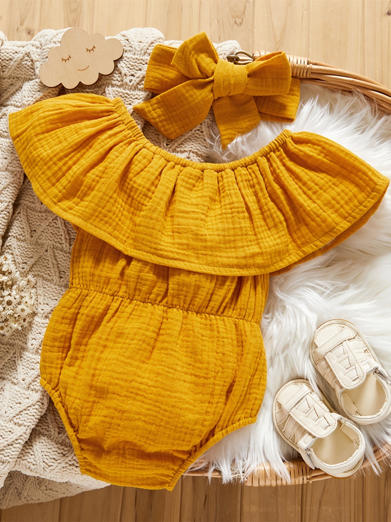 Baby Girls Ruffle Cotton Linen Romper Headband Bodysuit