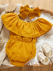 Baby Girls Ruffle Cotton Linen Romper Headband Bodysuit