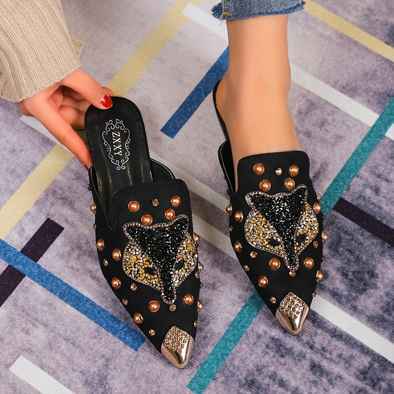 Rhinestone Decor Point Toe Flat Slide Sandals