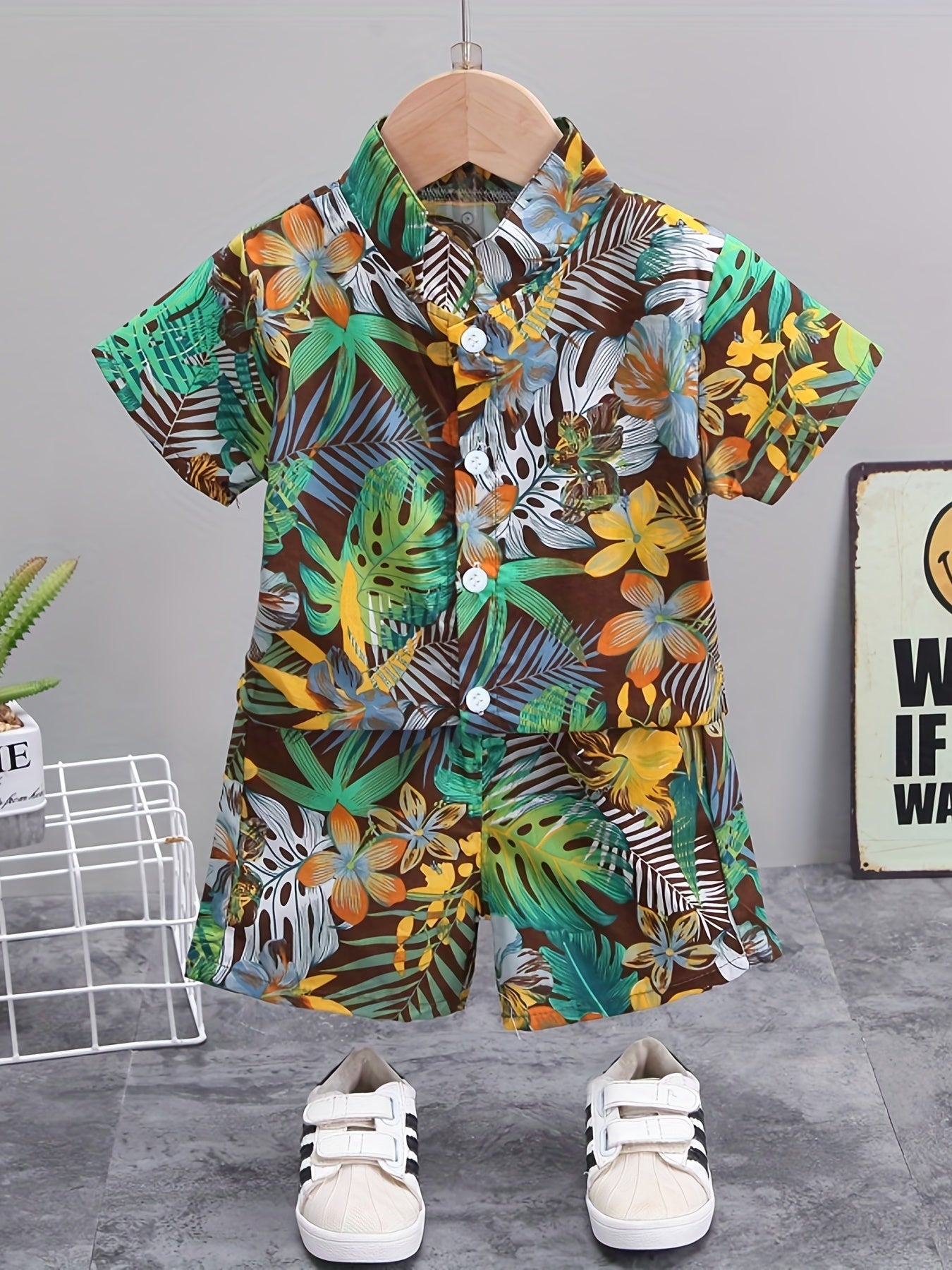 Boys Leaf & Flower Print Outfit Shirt & Shorts Kids Summer Clothes Sets