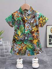 Boys Leaf & Flower Print Outfit Shirt & Shorts Kids Summer Clothes Sets