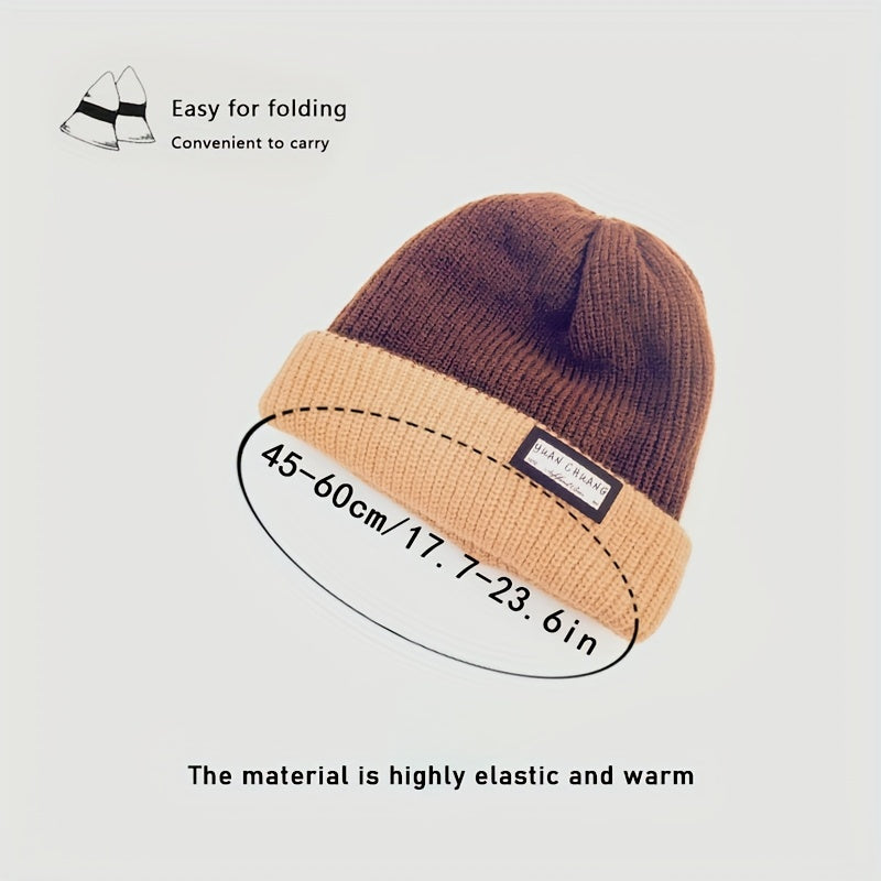 Warm Knit Beanie Hat Patch Block Design Casual Skull Cap