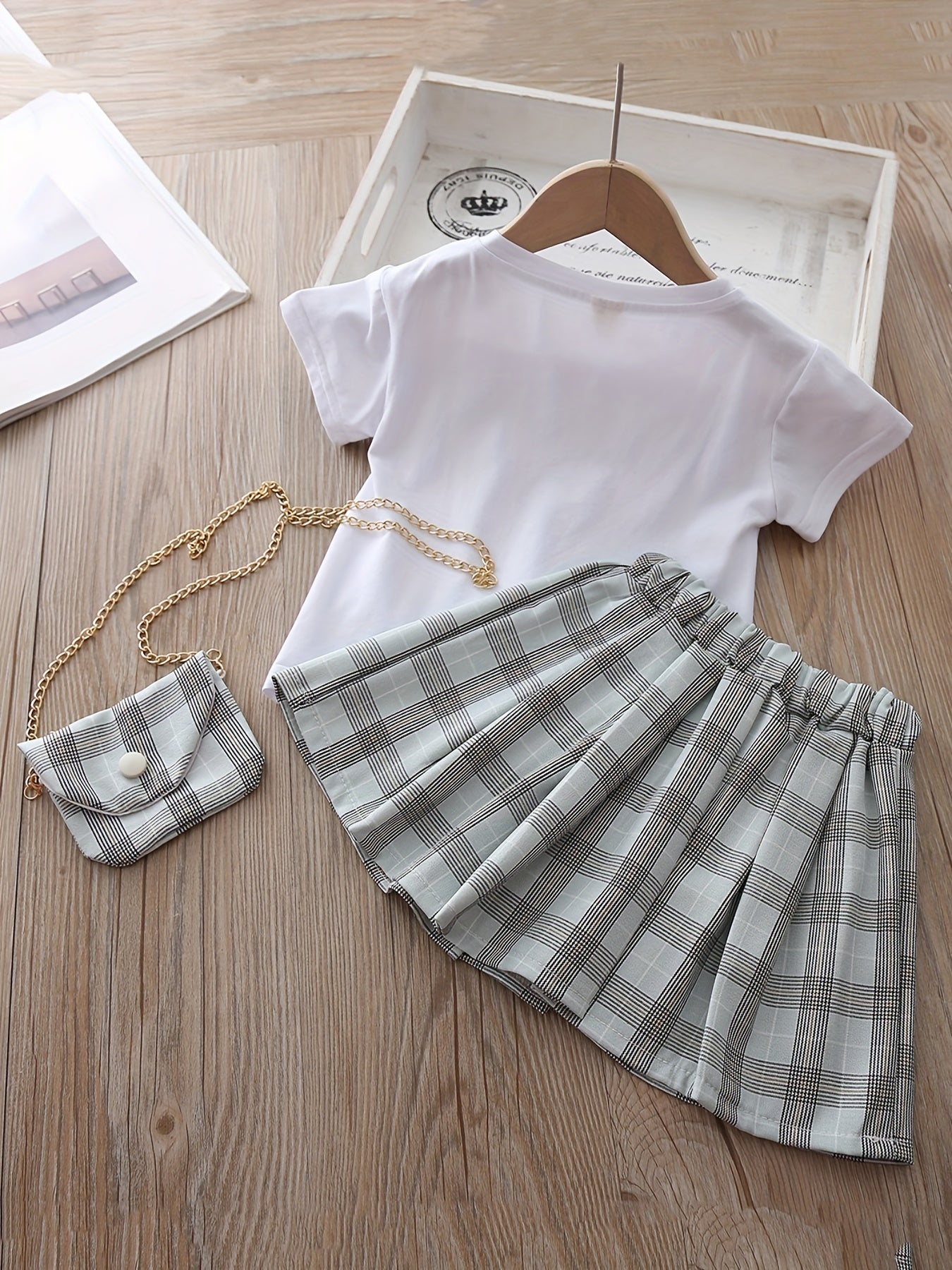 Toddler Girls Top And Plaid Skirt Set With Bag Kids Clothes