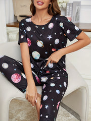 Planet Print Pajama Set Short Sleeve Top & Long Pants Women's Loungewear