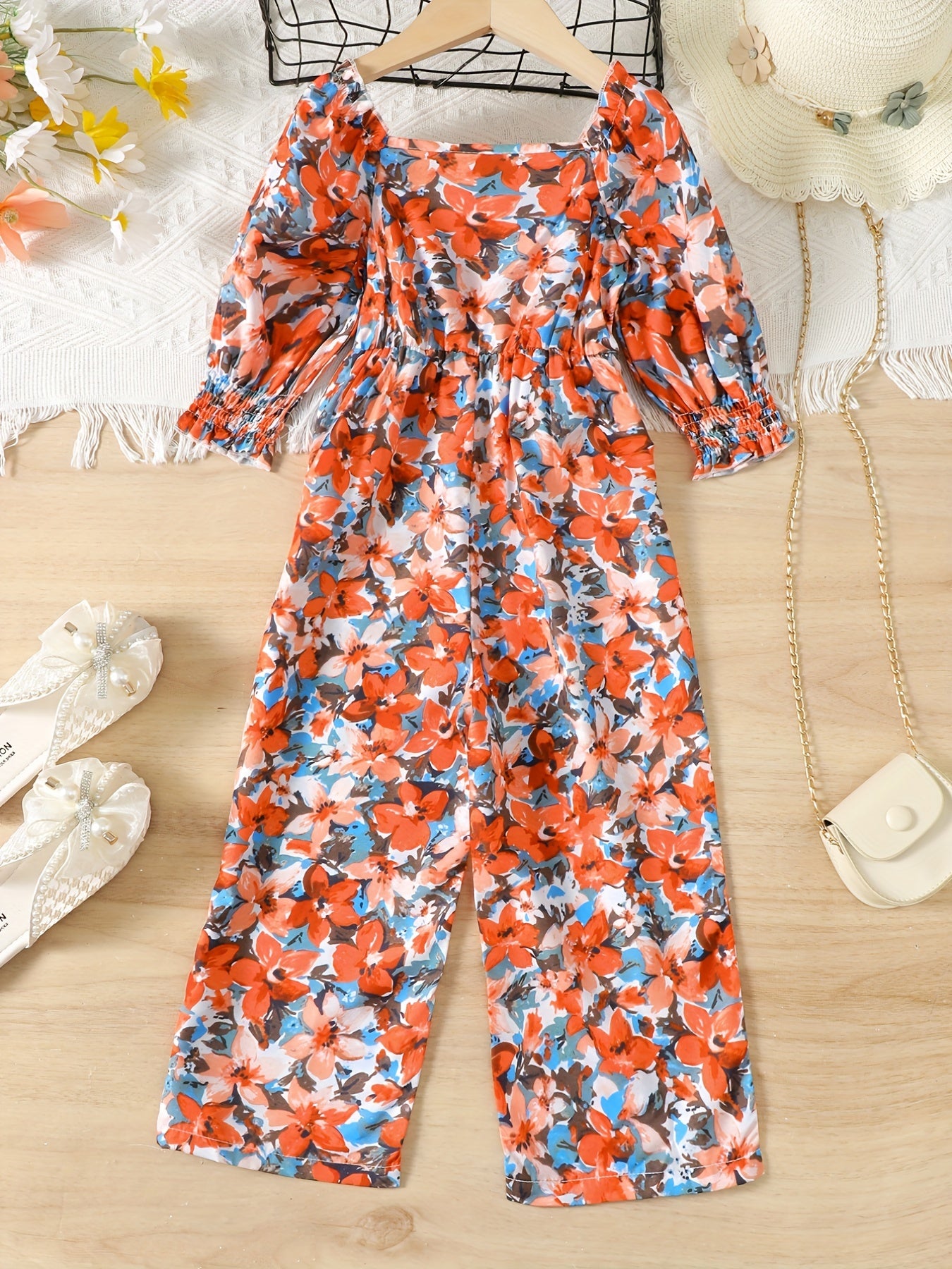 Girls Floral Print Square Neck Long Sleeve Jumpsuit