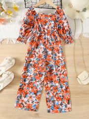 Girls Floral Print Square Neck Long Sleeve Jumpsuit
