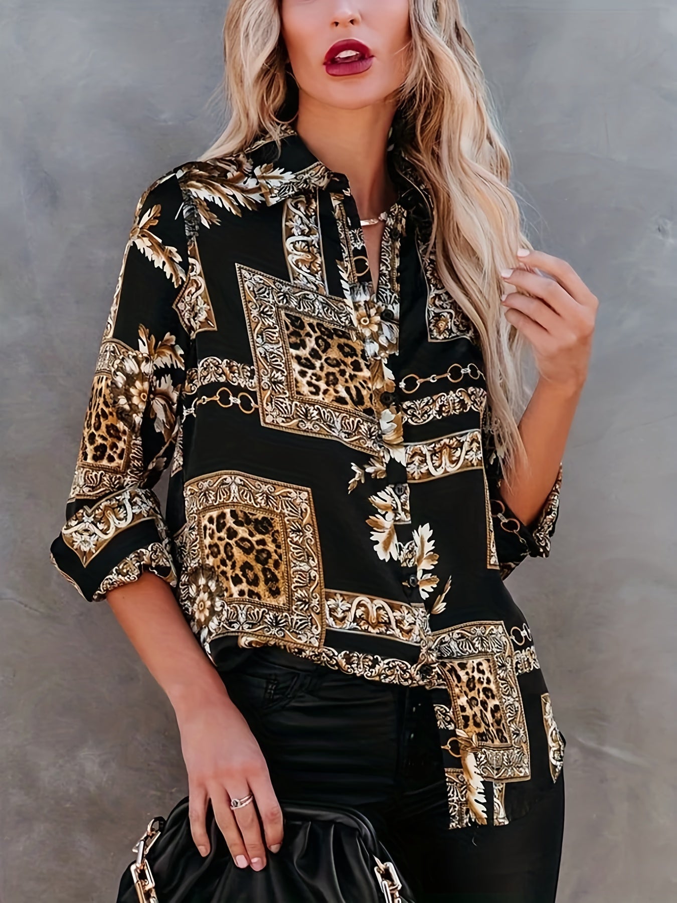Retro Blouse Women's Leopard & Chain Print Button Up Shirt