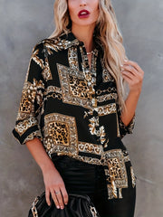 Retro Blouse Women's Leopard & Chain Print Button Up Shirt
