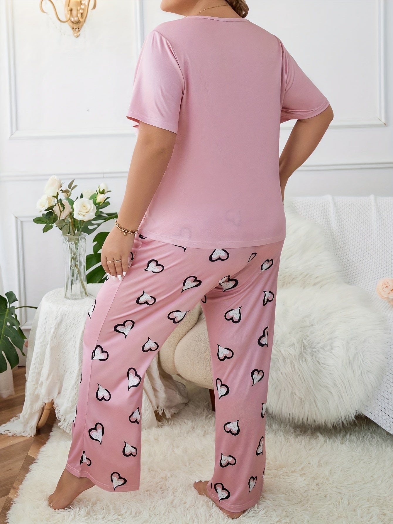 Heart Letter Graphic Pajama Set Round Neck Tee & Loose Pants 2 Piece