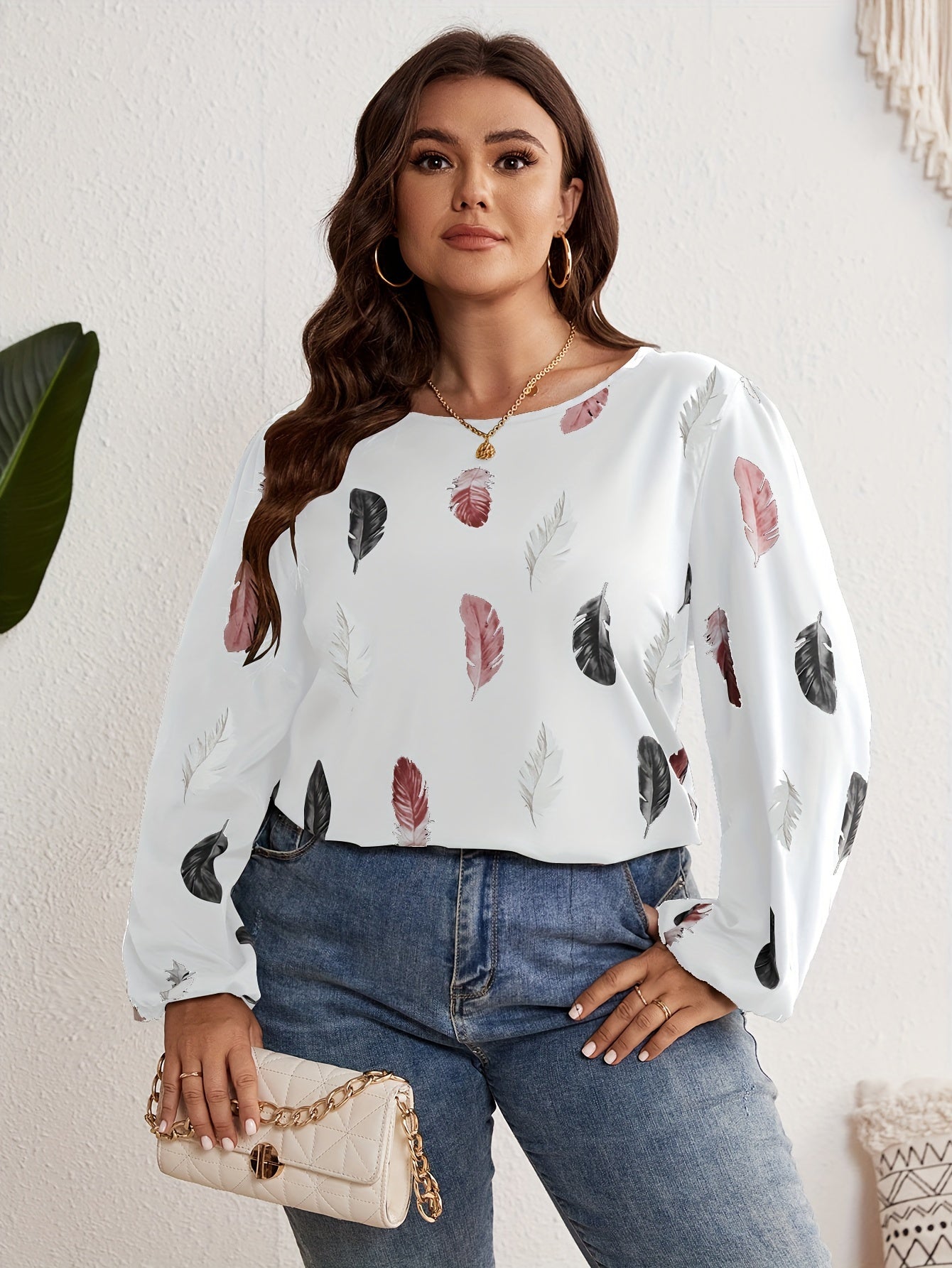 Feather Print Long Sleeve Top