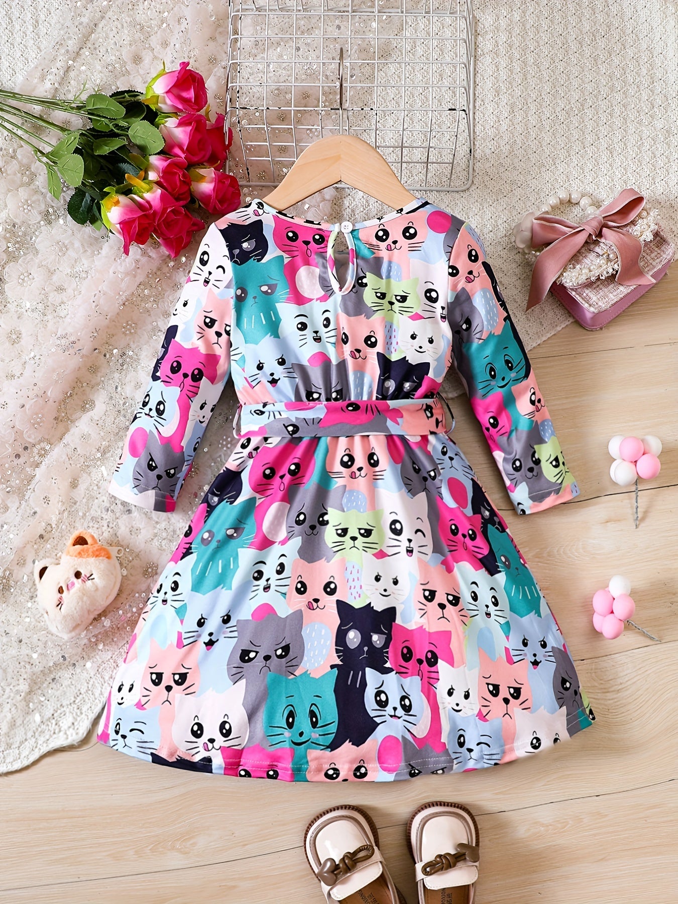Floral Dress For Toddler Kid Girls Cropped Long Sleeve A line Belted Party
