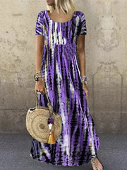 Tie Dye Striped Dress Short Sleeve Ankle Dress