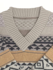 Geometric Pattern V Neck Knitted Top Long Sleeve Sweater