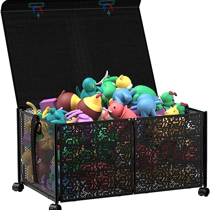 Foldable Oversized Storage Bin Metal Toy Box With Wheels And Lid