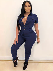 Casual Jumpsuit Women's Plus Short Sleeve Button Up Jumpsuit
