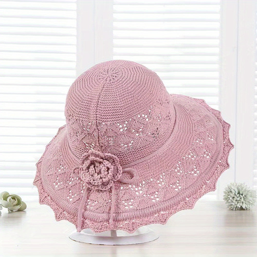 Gray Knitted Flower Sun Hat Hollow Breathable Foldable Bucket Hat UV Protection
