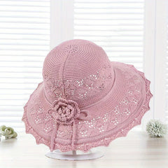 Gray Knitted Flower Sun Hat Hollow Breathable Foldable Bucket Hat UV Protection