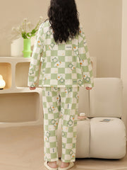 Cartoon & Plaid Pajama Set Long Sleeve V Neck Top & Lounge Pants