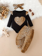 3pcs Baby Girls Embroidered Leopard Love Creeper Top