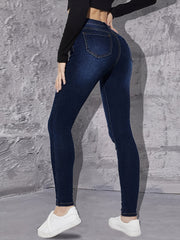 High Rise Dark Skinny Jeans High Waist Plain Stretchy Tight Fit Denim Pants
