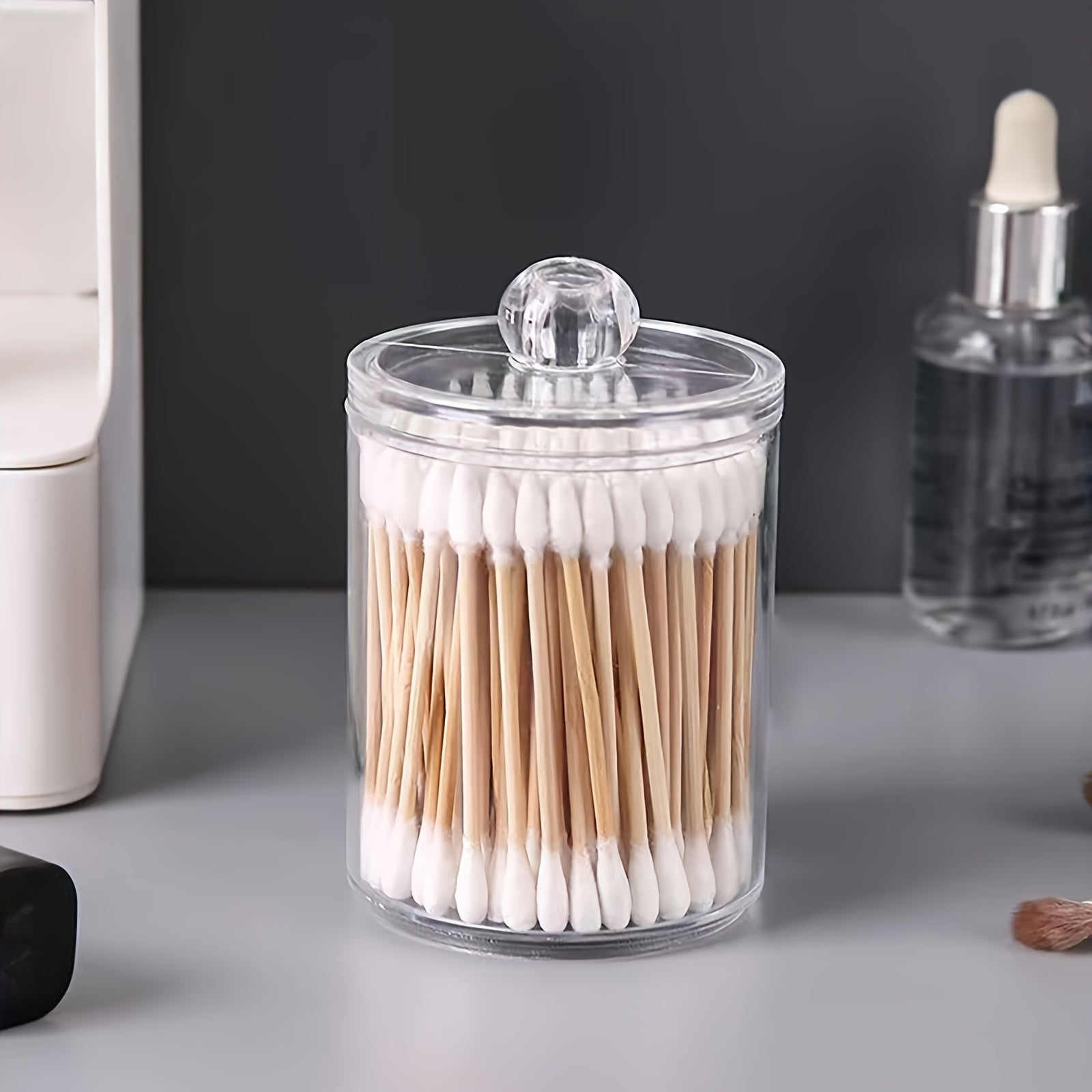 Swab Holder Dispenser Bathroom Container Apothecary Jar Wooden Lid