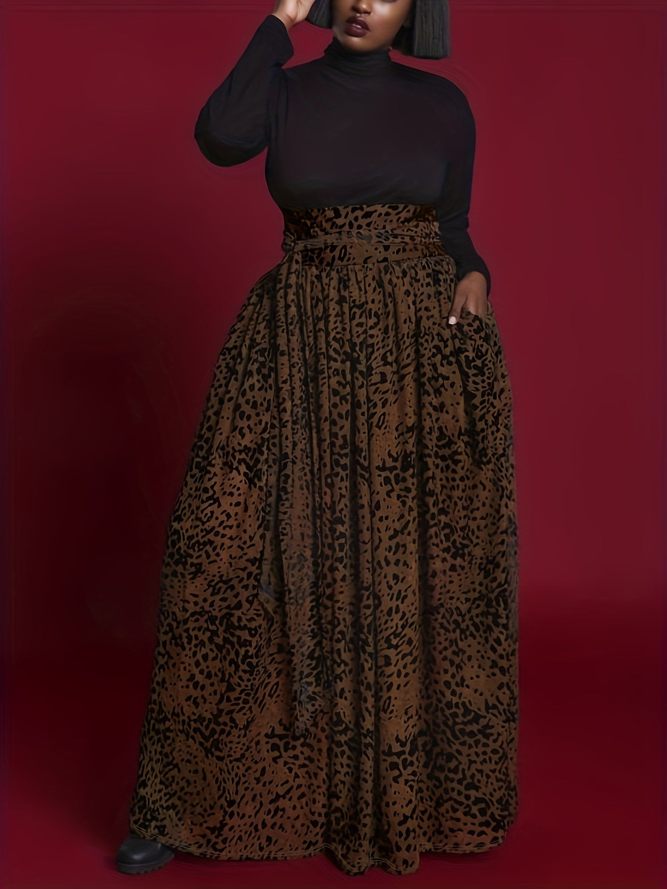 Women's Plus Leopard Print High Rise Swing Maxi Skirt