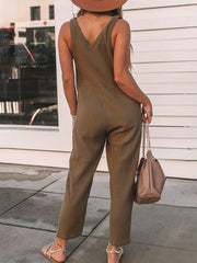 Buttons Front Jumpsuit V Neck Sleeveless Women's Clothing