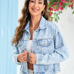 Faux Pearl Studded Denim Jackets Women's Coats