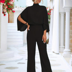Solid Cape Sleeve Jumpsuit with Tie Back