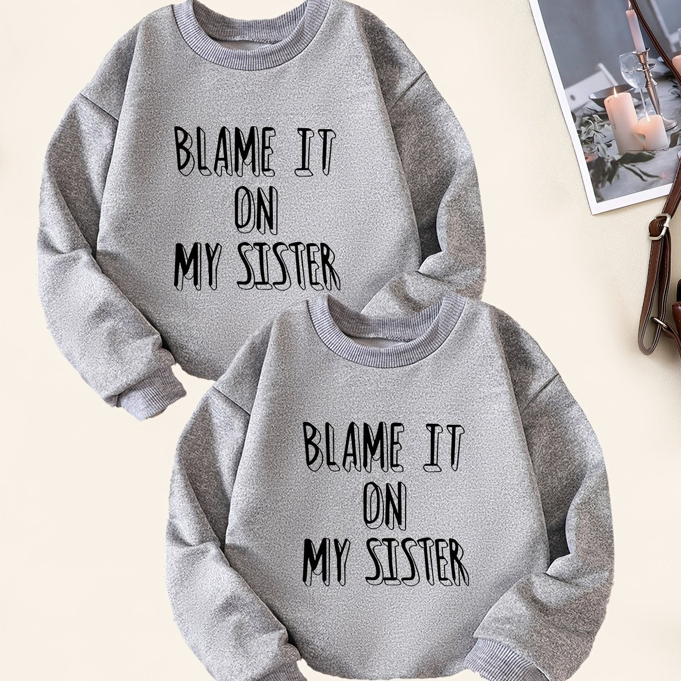 2pcs Sister Letter Print Boys Sweatshirt Crew Neck Tops Kids Clothing