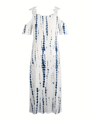 Floral Print Maxi Dress V Neck Casual Short Sleeve Lace Up