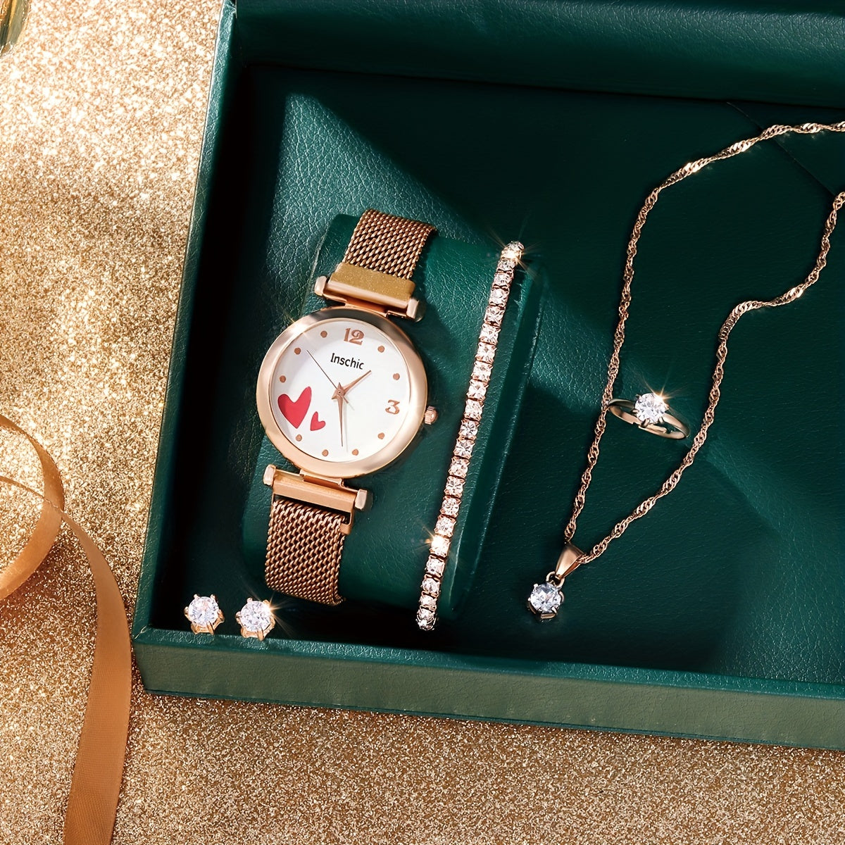 Student Digital Love Leather Watch & 5pcs Jewelry Set