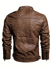 PU Biker Jacket Men's Casual Zipper Pockets Stand Collar Faux Leather Jacket