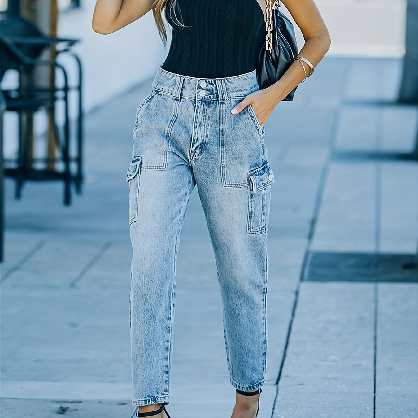 Flap Pockets Straight Jeans High Waist Non Stretch Cargo Pants
