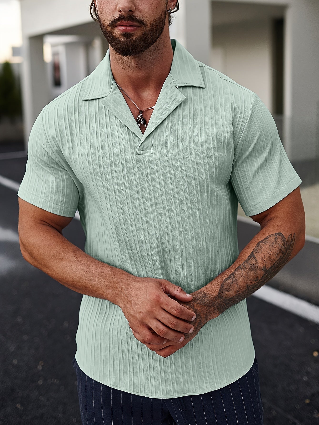 Summer Men's Solid Revere Collar Short Sleeve Shirt
