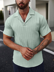 Summer Men's Solid Revere Collar Short Sleeve Shirt