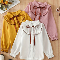 Girls Preppy Shirt Ruffle Trim Turn Down Collar Striped Blouse Top