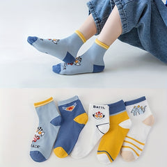 5 Pairs Kids Cartoon Print Crew Socks for All Seasons