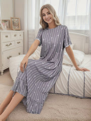 Heart Pattern Striped Nightdress Short Sleeve Ruffle Sleep Dress Women