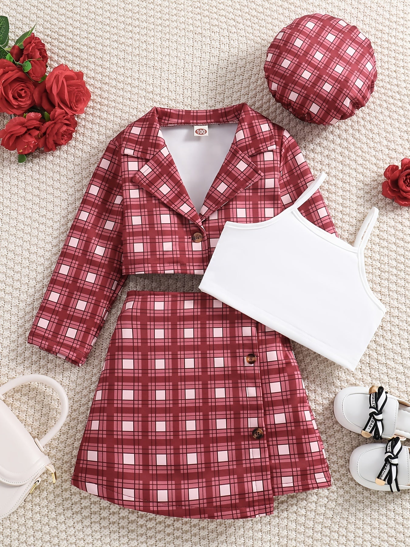 Girl's 4pcs Plaid Blazer & Beret Hat Set
