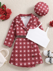 Girl's 4pcs Plaid Blazer & Beret Hat Set