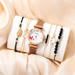 Heart Rhinestone Quartz Watch & 5 Bracelet Children's Set