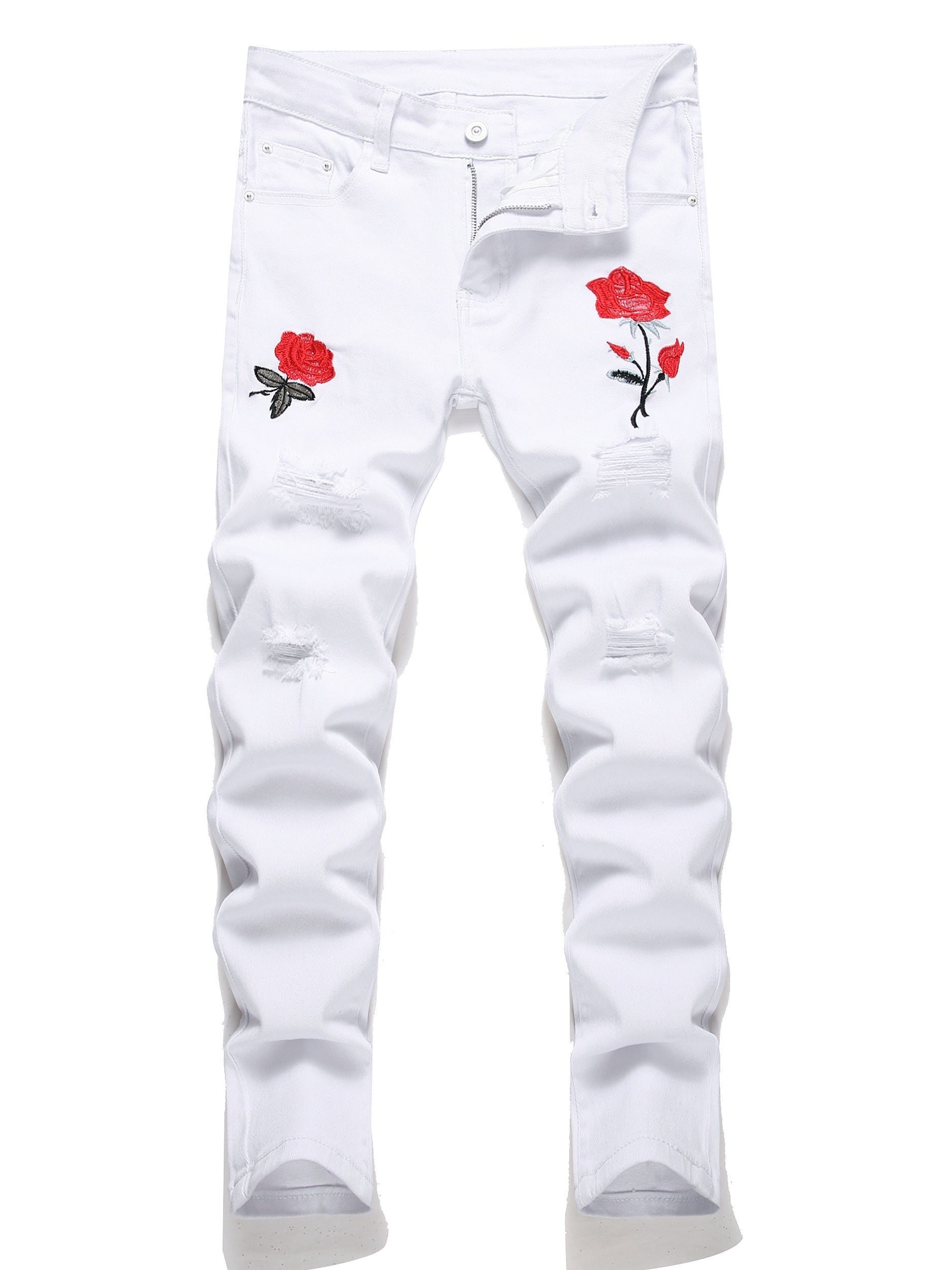 Boys Rose Print Ripped Jeans Skinny Denim Pants