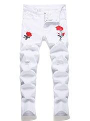 Boys Rose Print Ripped Jeans Skinny Denim Pants