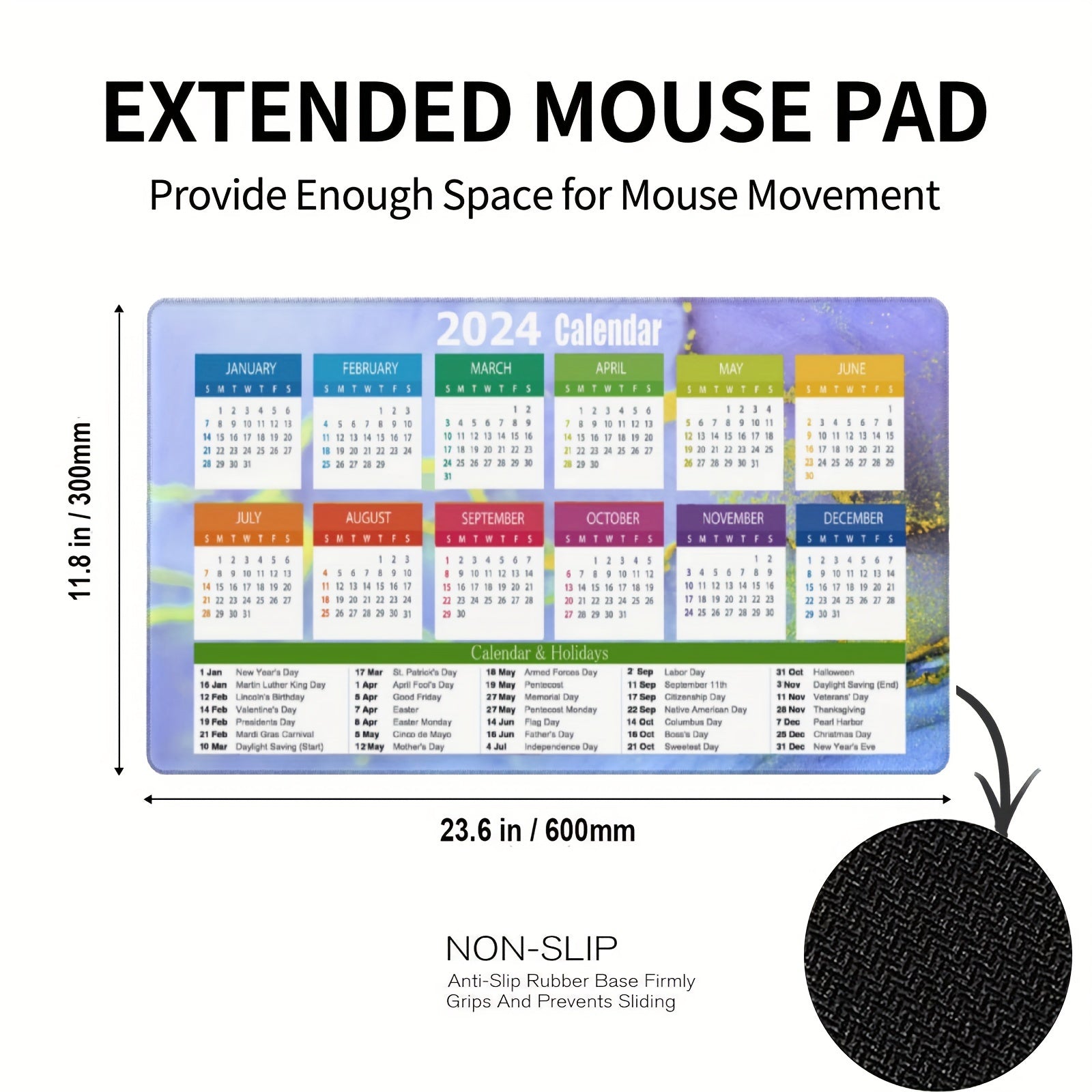 Colorful Calendar Large Mouse Pad for Women, Non-Slip Rubber Mouse Pad