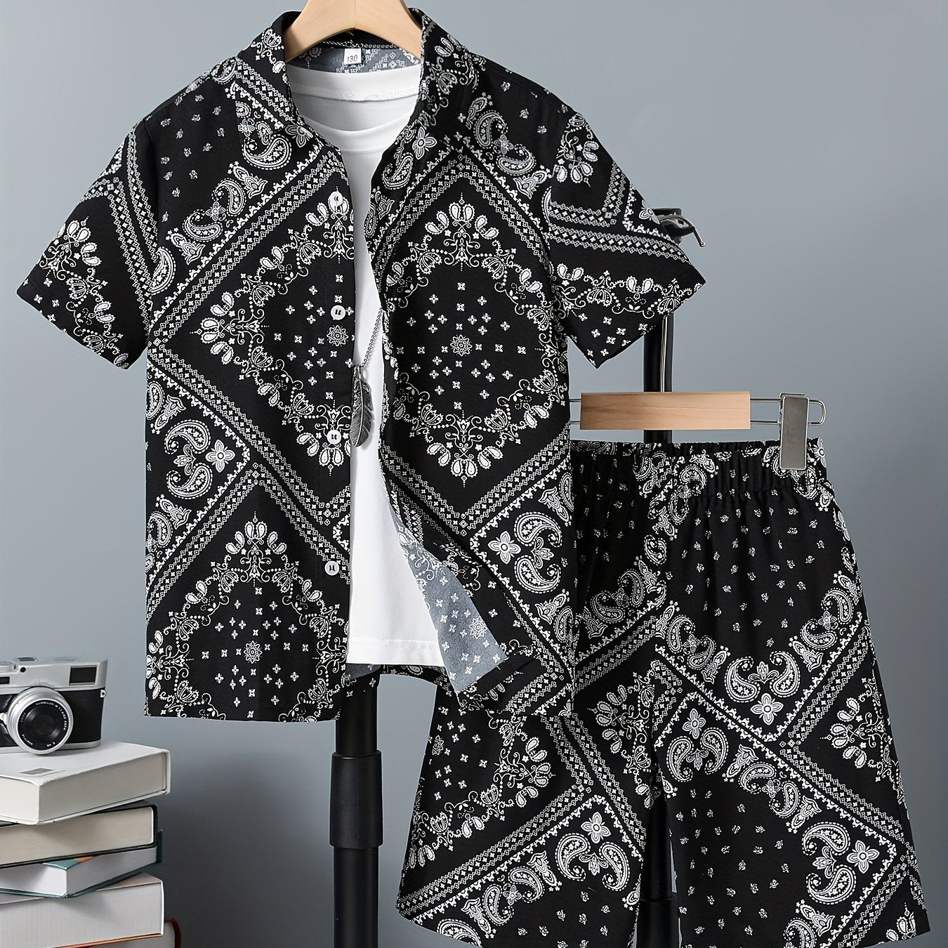 Paisley Pattern Boy's Hawaiian Shirt & Shorts Set for Beach Vacation