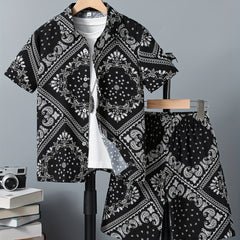 Paisley Pattern Boy's Hawaiian Shirt & Shorts Set for Beach Vacation