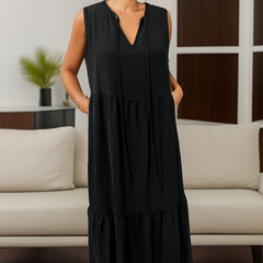 Boho Ruched Tie Front Maxi Dress Casual V Neck Sleeveless Solid
